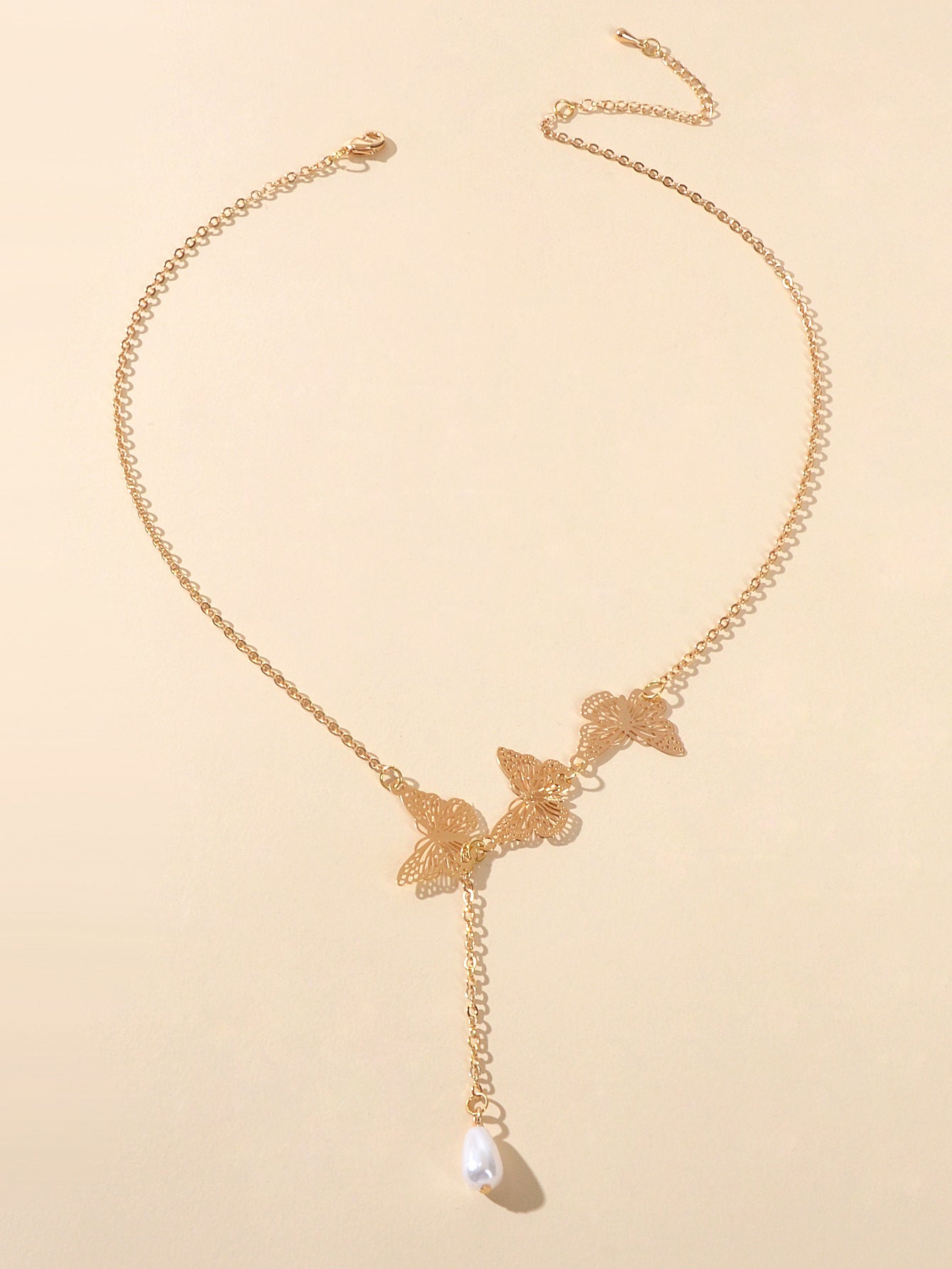 Designer Gold Butterfly Pearl Charm Personality Long Chain Dangle Y Necklace-1