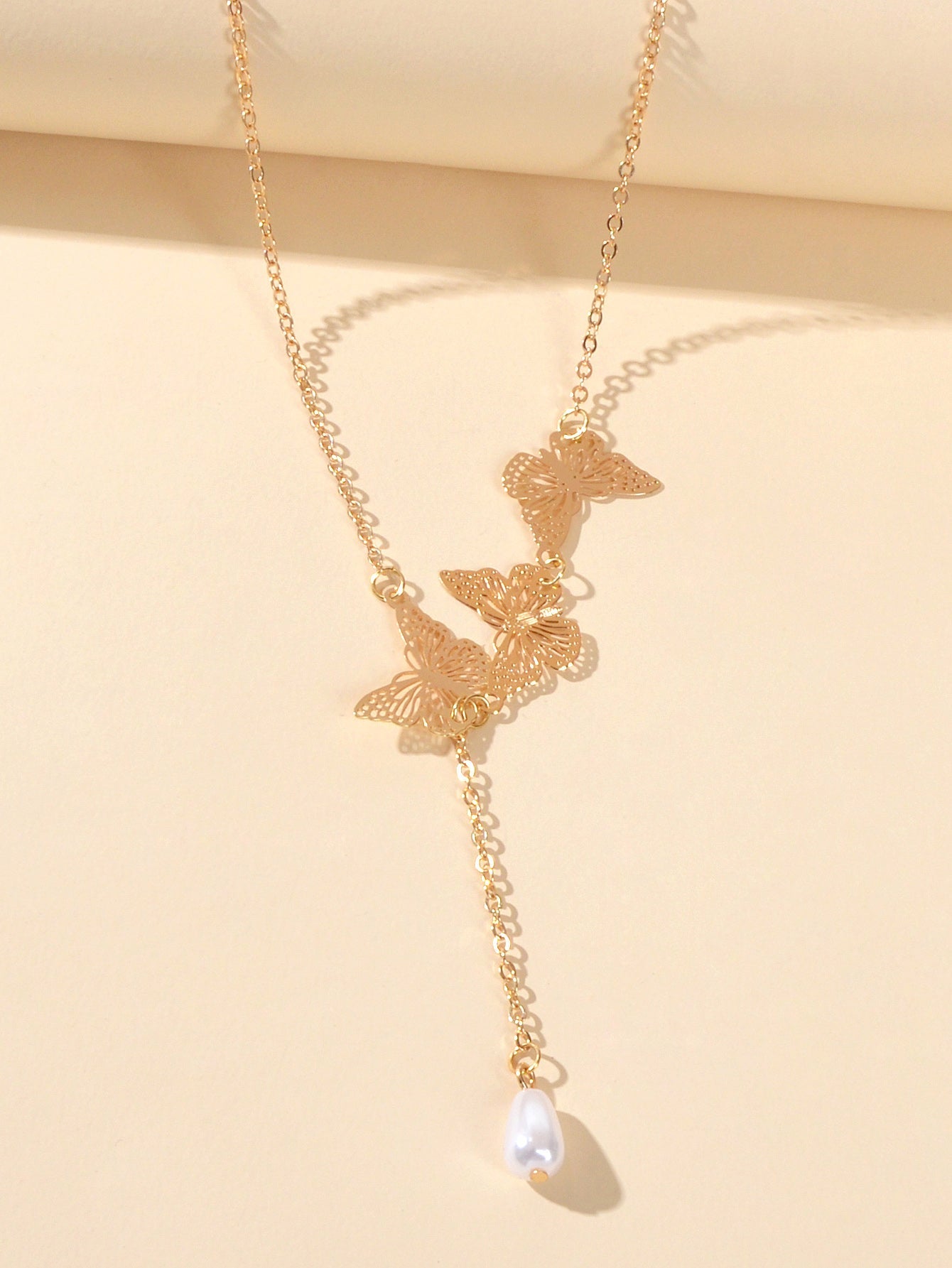 Designer Gold Butterfly Pearl Charm Personality Long Chain Dangle Y Necklace-3