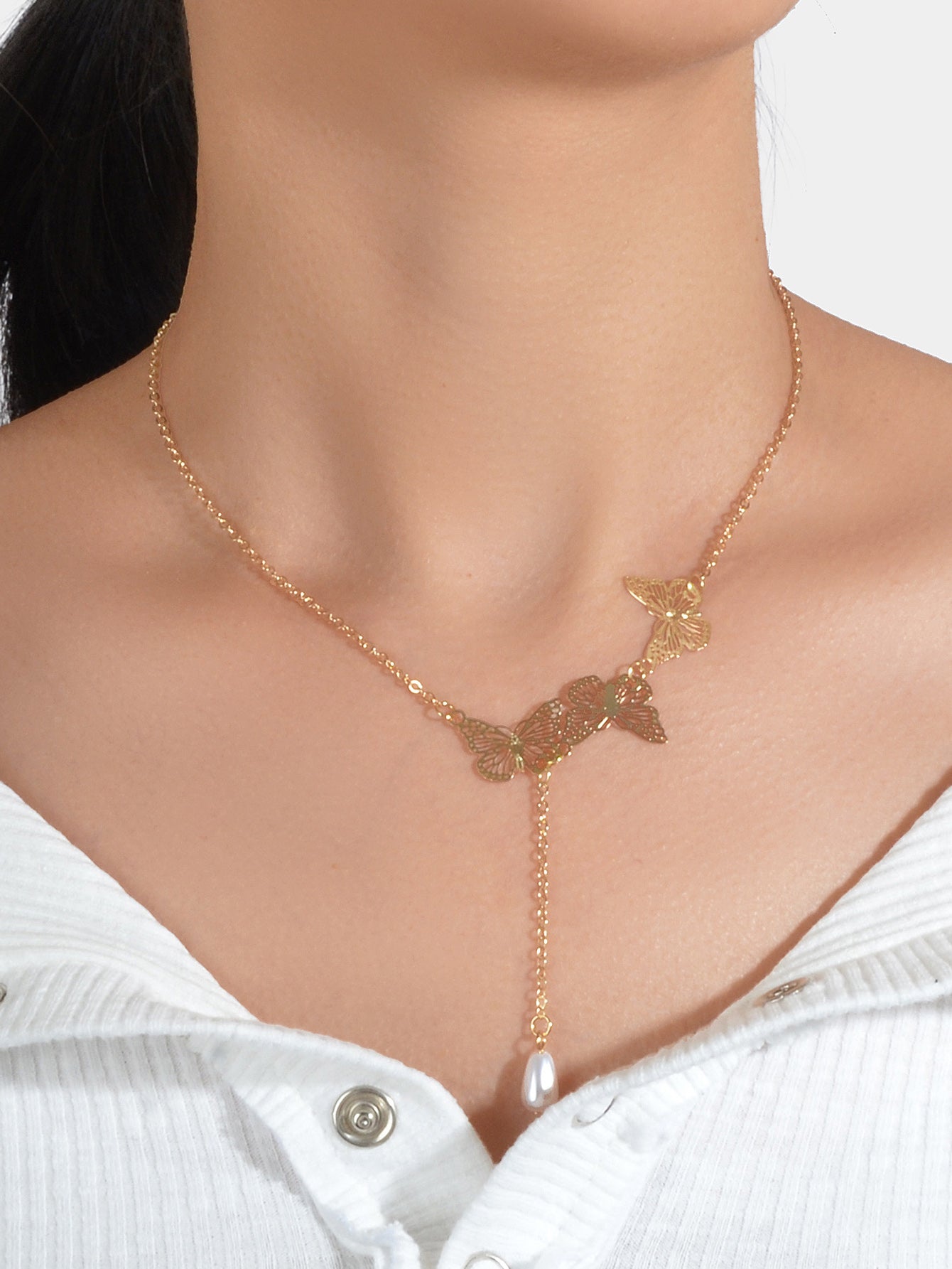 Designer Gold Butterfly Pearl Charm Personality Long Chain Dangle Y Necklace-4