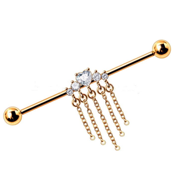 Gold Plated Jewel Accents and Dangling Chains Industrial Barbell-2