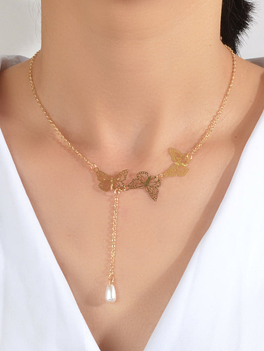 Designer Gold Butterfly Pearl Charm Personality Long Chain Dangle Y Necklace-0