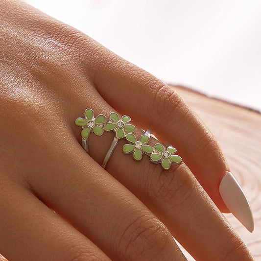 Elegant Jewelry Green Black Enamel Flower Finger Ring Wedding Band Comfort Ring-0