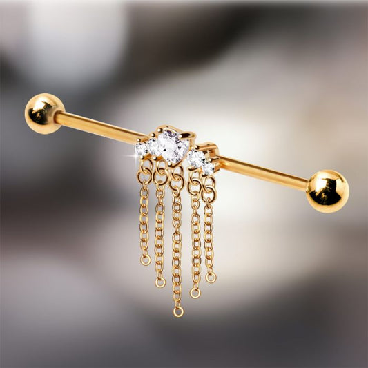 Gold Plated Jewel Accents and Dangling Chains Industrial Barbell-0